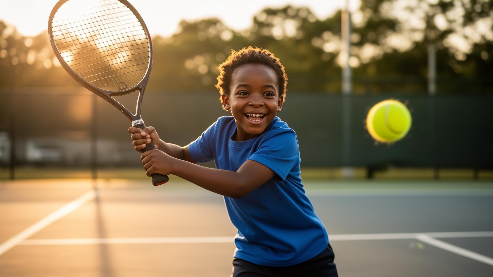 Young tennis player smiling mid-swing at Fort Gatlin Tennis Center